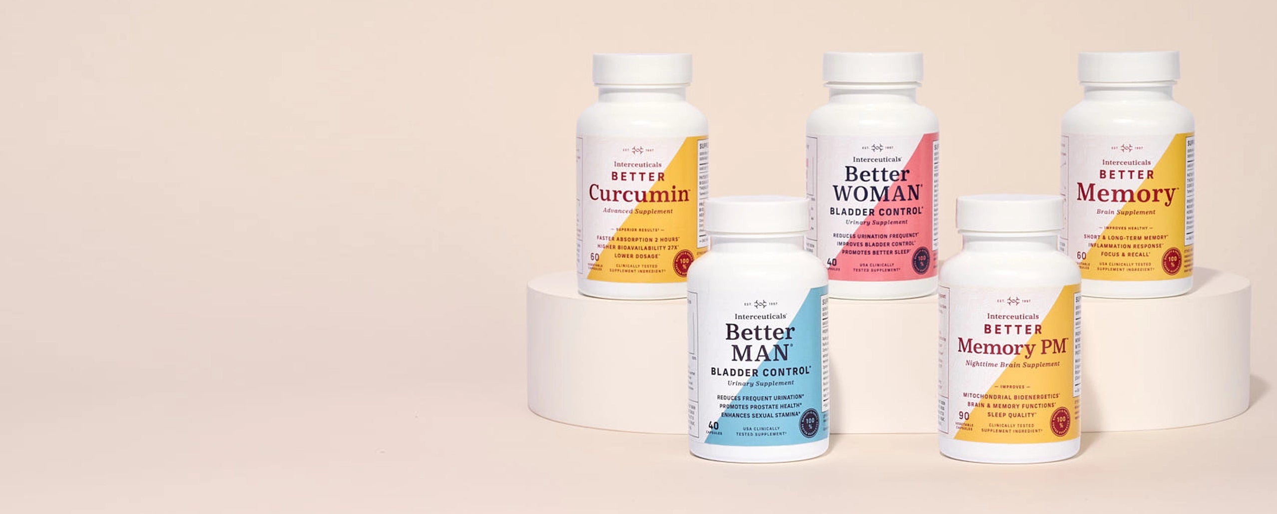 Interceuticals product collection including Better Curcumin, Better Woman, Better Memory, Better Man, and Better Memory PM supplements arranged on white pedestals.