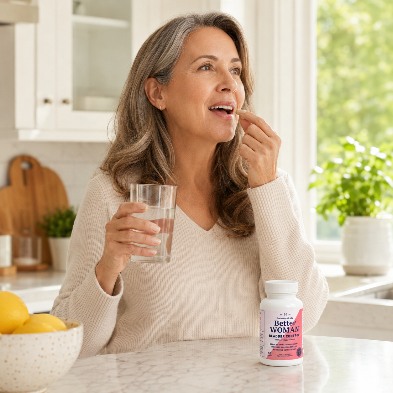 A happy, mature woman taking BetterWOMAN bladder control supplement in a bright, modern kitchen, supporting her daily wellness routine.